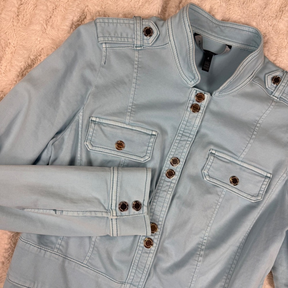 White House Black Market Light Blue Military Peplum Jacket Size 6 Silver Buttons